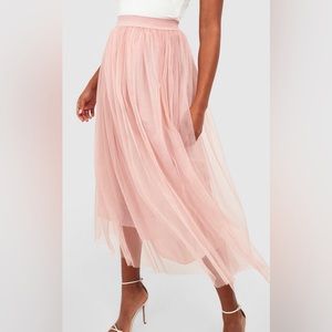 Boohoo Dusty Pink Tulle Mesh Midi Skirt Size S, Stretchy Waistband Fits 4/6-8/10